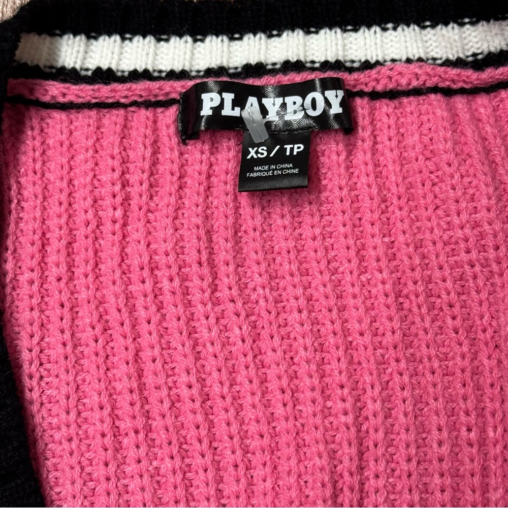 Playboy Cropped Cable Knit Varsity Cardigan Pink XS Y2K - Picture 5 of 6